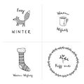 Set of Christmas greeting cards, invitations with hand drawn doodle icons. Winter design with fox, Christmas wreath Royalty Free Stock Photo