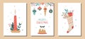 Set of Christmas greeting cards in retro style with candle, sock with gifts, pudding and floral and fir branches