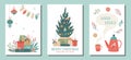 Set of Christmas greeting cards in retro style with decorated fir tree, gifts and teapot with herbals. Vector illustration