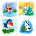 Set of Christmas greeting cards or tags with watercolor illustration and gouache paintings. Winter time holidays illustrations Royalty Free Stock Photo