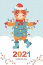 Set of Christmas and Happy New Year card.Funny bull in winter clothes, Santa hat with shining colored garland. Symbol 2021 year ox