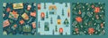 Set of Christmas and Happy New Year seamless patterns with christmas houses, gift boxes, spruce twigs, flowers. Royalty Free Stock Photo