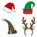 Set of christmas hats. Santa claus hat, elf hats and reindeer horns headband Royalty Free Stock Photo