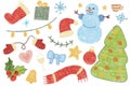 Set of Christmas holiday icons. Imitation of children\'s drawings with pencils or crayons. Royalty Free Stock Photo
