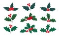 Set of Christmas holly with green leaves, red berries. Happy New Year holly berry icon, floral elements for winter holidays, Royalty Free Stock Photo