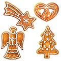 Set of christmas homemade gingerbread cookies, xmas tree, star, angel, heart with jingle bell, isolated, hand drawn