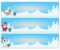 Set of Christmas horizontal banners with gift box, seal, santa claus and bear.