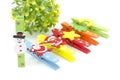 Set of christmas icon on colorful cloth clip. focus on snowman. artificial green tree