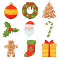 Set of Christmas icons in cartoon style. Christmas sock, santa, wreath, christmas ball, candy cane, gift, holly and Royalty Free Stock Photo