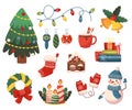 Set of Christmas Icons and Decor. Fir Tree, Garland, Bells and Socks. Gingerbread House, Candles, Snowman and Mittens Royalty Free Stock Photo