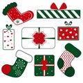 set of christmas icons, gifts and christmas sock, snowflakes for decoration, red and green Royalty Free Stock Photo