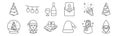 Set of 12 christmas icons. outline thin line icons such as gnome, santa hat, girl, fireworks, wine, christmas lights Royalty Free Stock Photo