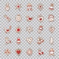 Set of Christmas icons. Star,bell,wreath, apple,bow,sock,Christmas tree, house, snowman, gingerbread, mitten, heart,cane