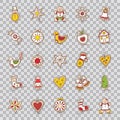 Set of Christmas icons. Star,bell,wreath, apple,bow,sock,Christmas tree, house, snowman, gingerbread, mitten, heart,cane