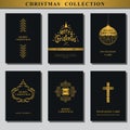 Set of Christmas invitations. Collection of Greeting card. Wishing You A Merry Christmas. Gold ornament decoration. Christmas Tree Royalty Free Stock Photo