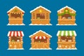 Set of Christmas Kiosk with Bakery, Sweets and Hot Drinks. Market Stalls with Xmas Food. Wooden Winter Decorated Houses