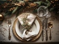 set of Christmas laid table, luxurious plates, silver cutlery, Christmas dinner or New Year\'s Eve party Royalty Free Stock Photo