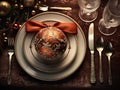 set of Christmas laid table, luxurious plates, silver cutlery, Christmas dinner or New Year\'s Eve party Royalty Free Stock Photo