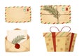 Set Christmas letters, envelopes with empty paper and red wax seal with Santa, pine branch, present box in cartoon style