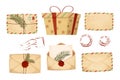 Set Christmas letters, envelopes with empty paper and red wax seal with Santa, pine branch, present box in cartoon style