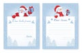 Set Christmas letters for Santa Claus and letter from Santa. Layout wish list to Santa Claus with funny Snowman with gift box