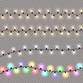 Set of christmas lights isolated realistic design elements. Glowing lights for Xmas Holiday cards, banners, posters, web design. Royalty Free Stock Photo