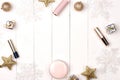 Set of Christmas make up cosmetics products. Flat lay. Royalty Free Stock Photo