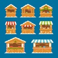 Set Christmas Market Stalls with Food, Sweets and Hot Drinks. Xmas Wooden Souvenir or Bakery Kiosks, Winter Houses