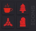 Set Christmas mitten, Coffee cup, Christmas tree and Branch viburnum or guelder rose icon. Vector