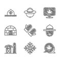 Set Christmas mitten, Snowflake, Canadian maple leaf, ranger hat, Farm house, Igloo ice, and icon. Vector