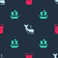 Set Christmas mittens, Whale and Viking ship Drakkar on seamless pattern. Vector Royalty Free Stock Photo