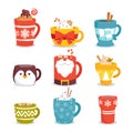 Set of Christmas Mugs with Hot Drinks. Winter Cups with Beverages and Decoration for Wintertime Season Holidays Icons