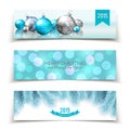 Set of Christmas and New Year banners with balls, fir branches and bokeh background