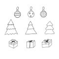 Set of Christmas and New Year cliparts, vector illustration, gift boxes, Christmas trees and Christmas toys, hand drawing