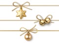 Set of Christmas and new year decorations. Golden rope with bow, star, ball and bells isolated on white.