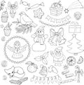 Set of Christmas and New Year elements, sweets, cakes, decorations. Vector hand drawn elements, outline Royalty Free Stock Photo