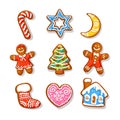 Set of Christmas and New Year gingerbread cookies. Traditional sugar coated cookies. Cartoon hand drawn vector illustration Royalty Free Stock Photo