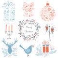 Set of Christmas and New Year graphic elements icons for your design. Christmas icons, signs, symbols. Deer, bird Royalty Free Stock Photo