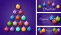 Set of Christmas and New Year greeting cards with tree made by balls. Christmas card with ornate colorful realistic balls on Royalty Free Stock Photo