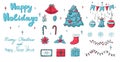 Set of Christmas and New Year items in doodle style. Holiday decoration elements for design, greeting card, posters, postcard. Royalty Free Stock Photo