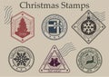 Set of Christmas and New Year Postcard Stamps Royalty Free Stock Photo