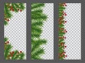 Set Christmas and New Year vertical banner with garland or border of Christmas tree branches and holly berries on transparent Royalty Free Stock Photo