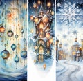 Set of Christmas and New Year vertical banners with winter landscapes, ornate balls and snowflakes. Generative AI Royalty Free Stock Photo