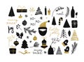 Set of christmas new year winter black icons with gold texture