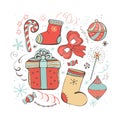 Set of Christmas and new year winter icons. Candy, gift, snowflakes, boots, bow, Christmas toys, serpentine, garland. Color