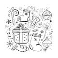 Set of Christmas and new year winter icons. Candy, gift, snowflakes, boots, bow, Christmas toys, serpentine, garland. Hand drawn