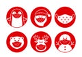 Set of Christmas pandemic stickers. Santa claus, deer, snowman in medical protective masks