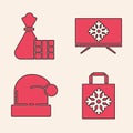 Set Christmas paper shopping bag, Gift box and bag, Merry Christmas on television and Christmas Santa Claus hat icon Royalty Free Stock Photo