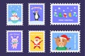 Set Christmas postage stamp, postmarks or stickers Royalty Free Stock Photo