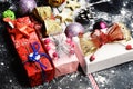 Set of Christmas presents with colorful bows. Holiday art Royalty Free Stock Photo